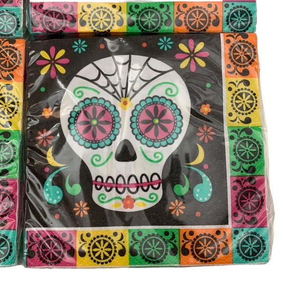 Day Of The Dead Beverage Napkins Sugar Skulls 4 Packs of 16 Size 9 4/5" x 9 3/4" - Picture 2 of 5